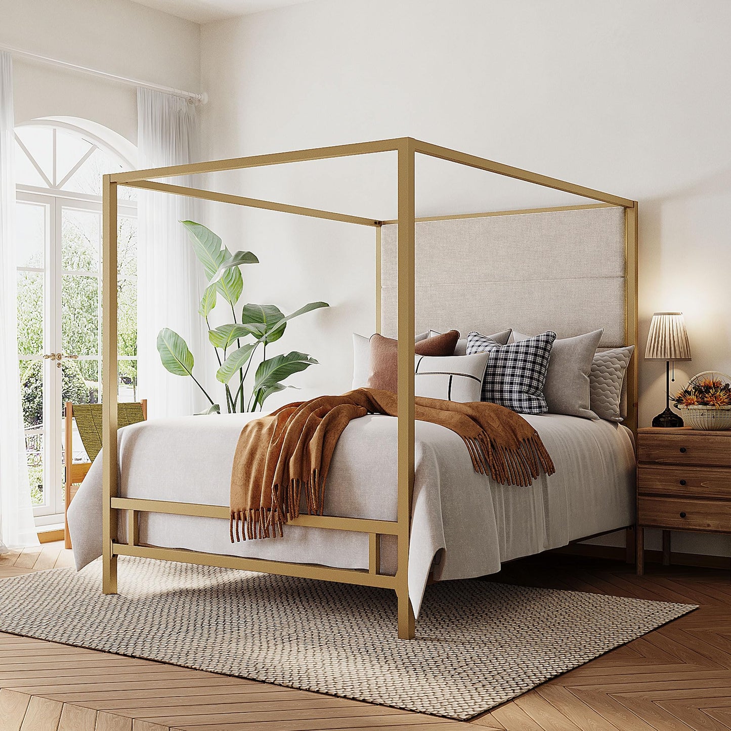 Merax Queen Size Gold Metal Canopy Bed Frame, 76.5" Tall Linen Upholstered Headboard, 4-Poster Bed with 800 lbs Capacity, Box Spring Required for Bedroom, Gold+Tan