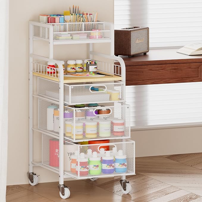 SWTYMIKI Rolling Cart with Drawers - Metal Craft Cart with Wheels, DIY Divider and Wood Shelf, Art Supply Organizer Craft Organizer and Storage, Utility Storage Cart for Home Office Studio, White