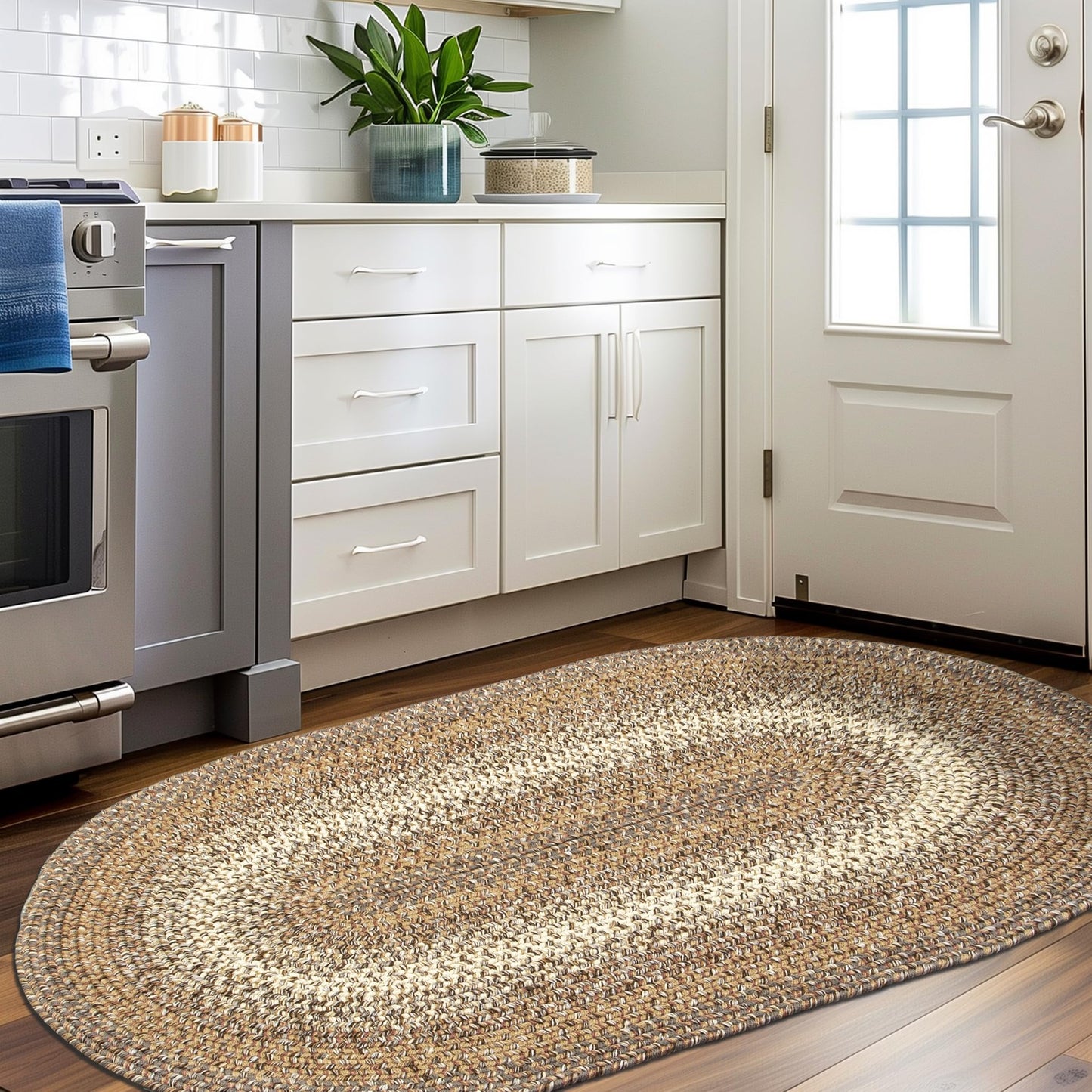 Super Area Rugs Braided Rugs 3X5 Farmhouse Kitchen Rug - Ridgewood Braided Rug for Living Room - Reversible - Indoor/Outdoor - Made in USA - Taupetone/Beige, 3' X 5' Oval