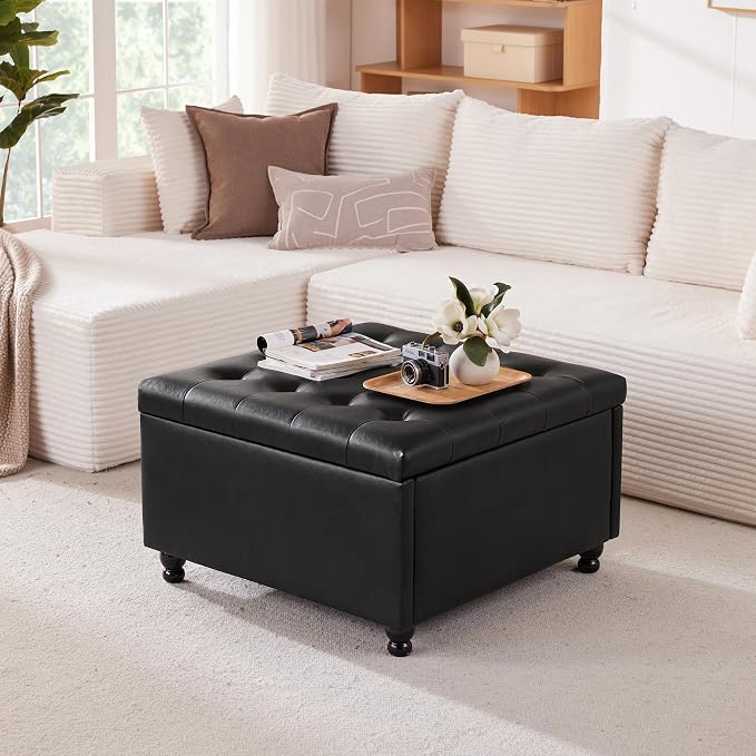 Weture Large Square Storage Ottoman Coffee Table, Oversized Square Ottoman with Storage, Tufted Upholstered Coffee Tables for Living Room (30 Inch,Leather, Black)