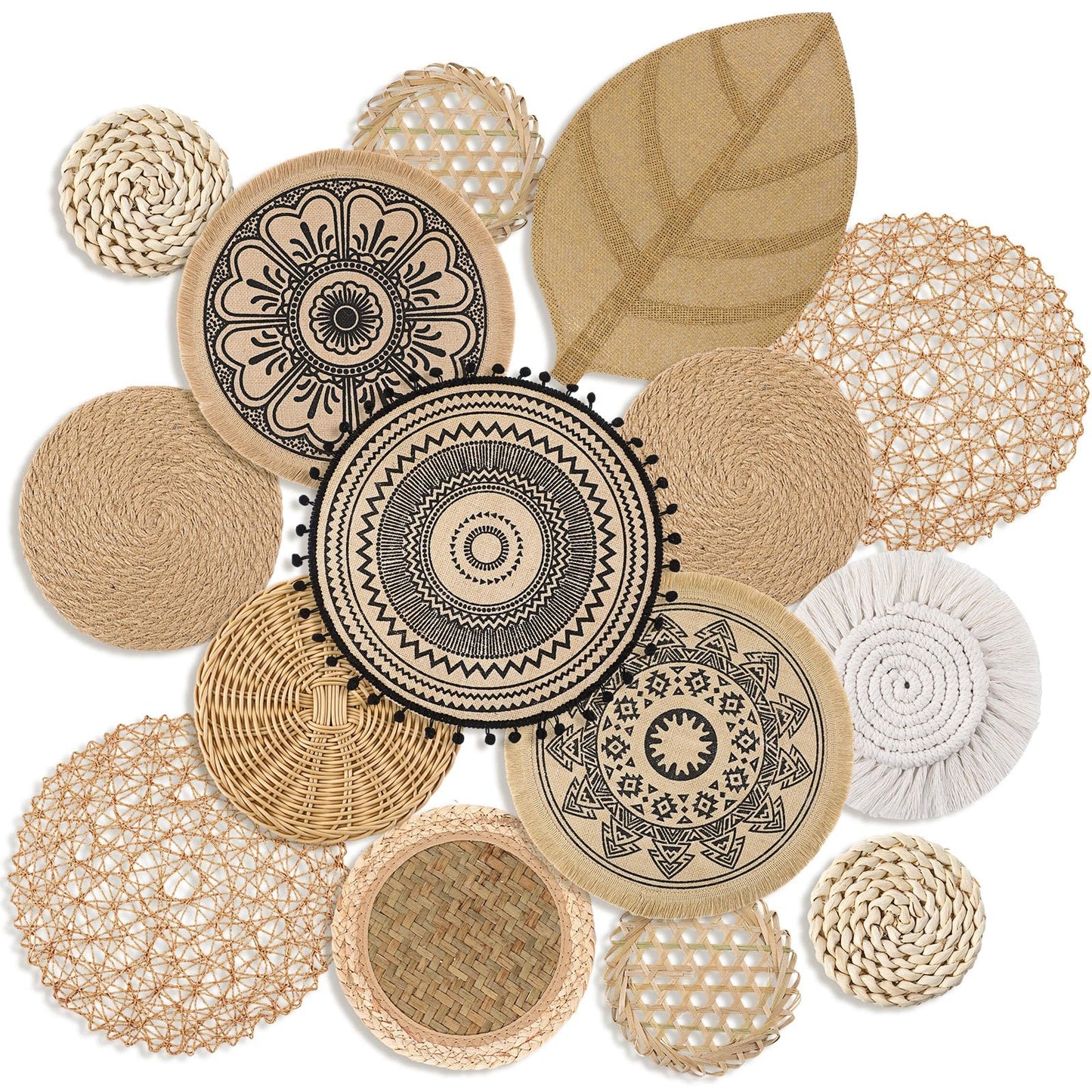 Anglechic 15 Pcs Boho Wall Basket Decor Brown Woven Rattan Seagrass Decor Hanging Rustic Farmhouse Western Wall Art Decoration for Nursery Living Room Bedroom Home Kitchen