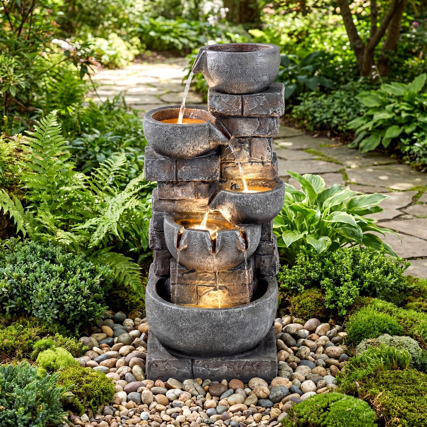 Giantex 33'' Water Fountain Outdoor, 5-Tier Cascading Stacked Stone Bowl Waterfall Fountain with LED Lights & Pump, Outside Water Feature for Patio, Balcony, Deck, Garden, Yard Decor