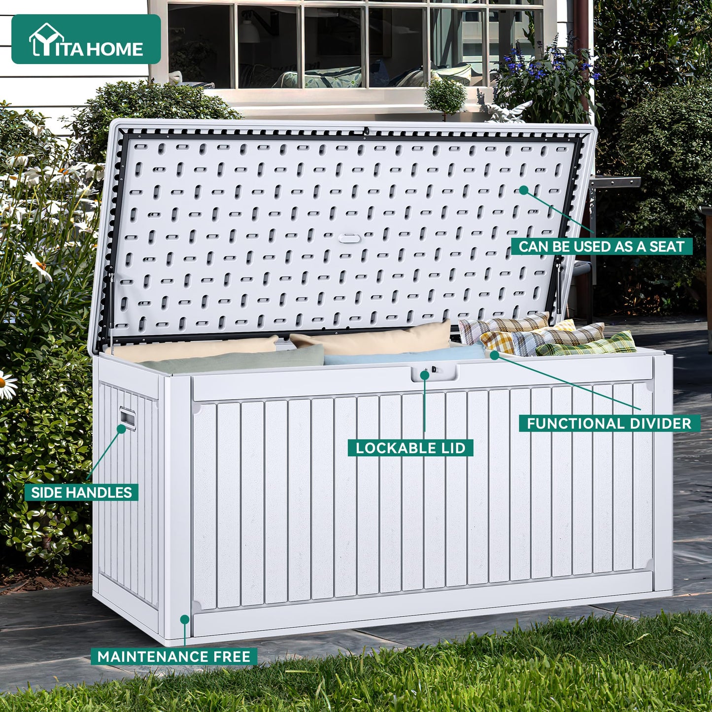 YITAHOME 320 Gallon Double-Wall Deck Box with Divider & Side Handles, Outdoor Large Storage for Patio Furniture Cushions, Garden Pool Accessories, Water Resistant & Lockable