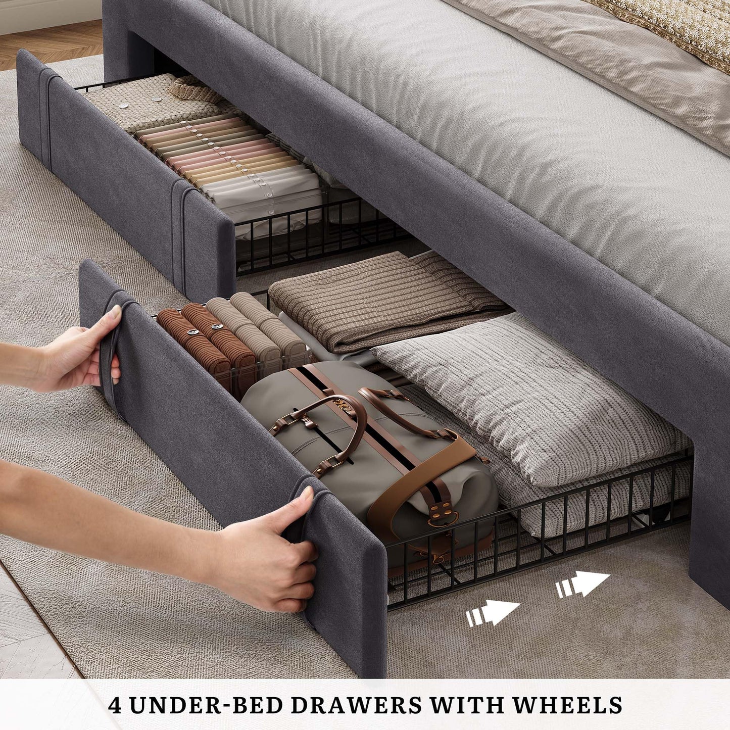 YITAHOME King Size Bed Frame with Adjustable Headboard, 4 Storage Drawers and RGB LED Lights, Velvet Upholstered Platform Bed with USB Ports, No Box Spring Needed, Fast Assembly, Noise-Free, Dark Grey