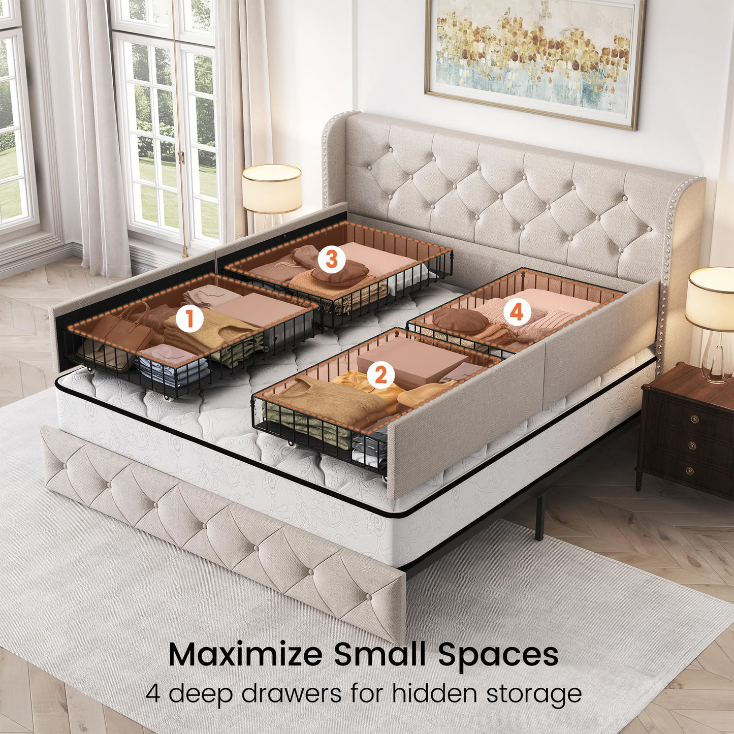 LARMACE Queen Size Bed Frame with 4 Storage Drawers and 47.2" Tall Tufted Headboard Linen Upholstered Platform Bed Frame Wingback Beds with Wooden Slats Support, Easy Assembly, Beige