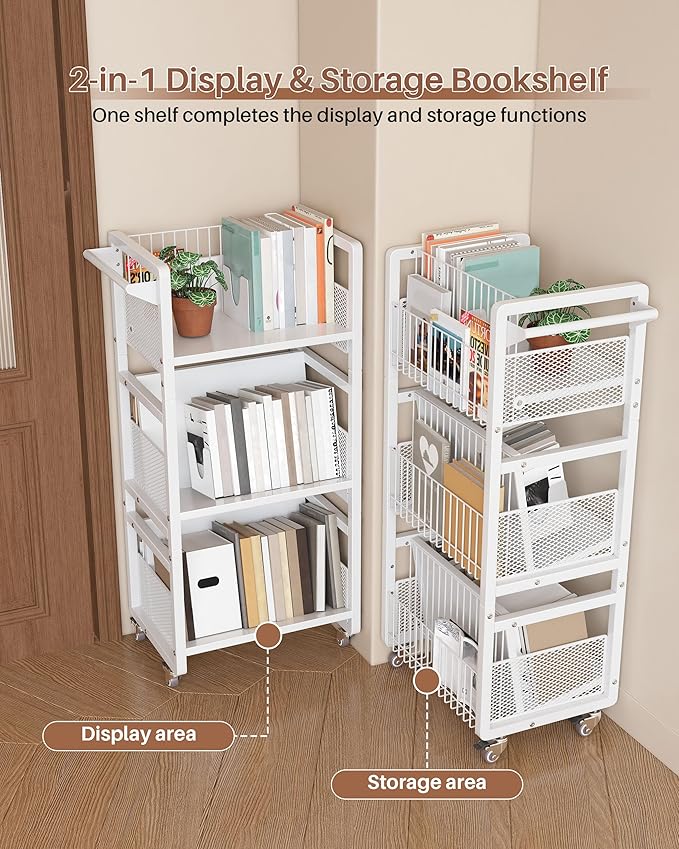 UMDONX Heavy-Duty Double-Sided Book Cart with Silent Wheels and 3 Magnetic Book Shelves, Rolling Book Shelf, Library Book Cart, Suitable for Home, Office, or School （White）