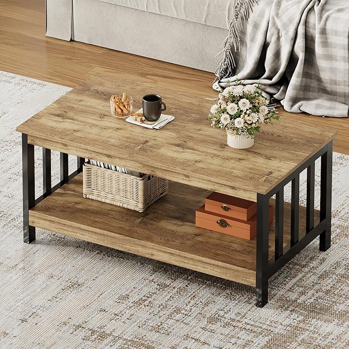 ChooChoo Farmhouse Coffee Table, Living Room Table with Shelf, 40 Rustic Oak & Black