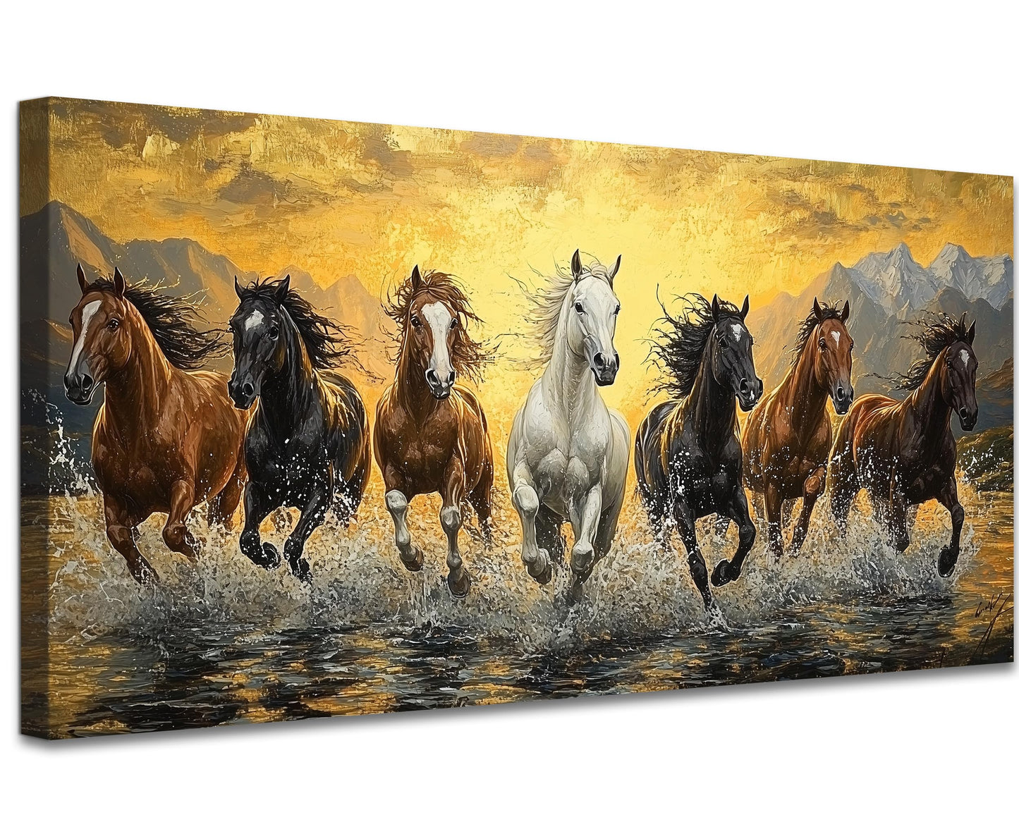 GUTTATY 7 Running Horses Canvas Wall Art, Sunset Canvas Prints, Dynamic Horse Wall Decor, Hand-Stretched Framed Wall Painting, Inspirational Artwork for Living Room, Office or Bedroom, 32x16 Inch