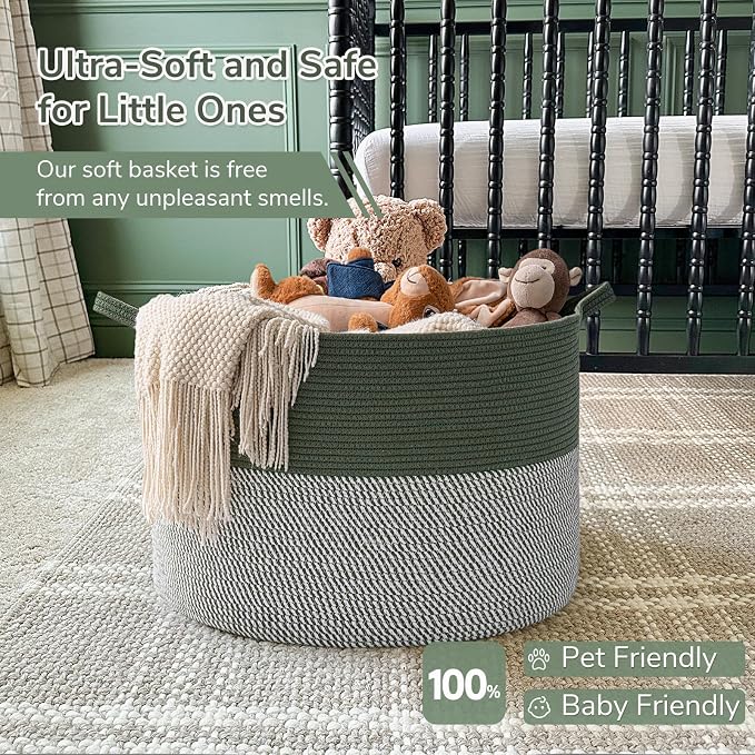 INDRSSME Large Laundry Storage Basket, 21.7 x13. 8 - Decorative Rope Blanket Basket for Organizing Bedroom, Living Room, Nursery, Toy Storage for Colthes Towel, Empty Gift Baskets -Green