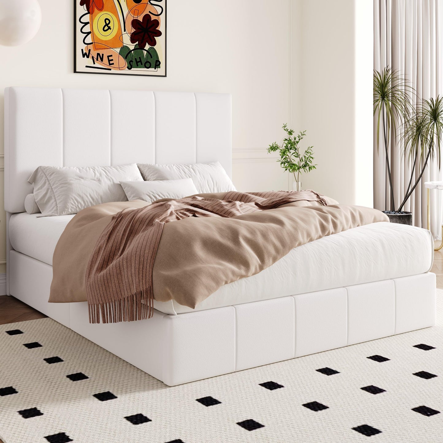 Allewie Full Size Velvet Lift Up Storage Bed Frame, Vertical Channel Tufted Headboard, Hydrualic Underneath Storage, Upholstered Platform Bed, Wooden Slats Support, No Box Spring Needed, White