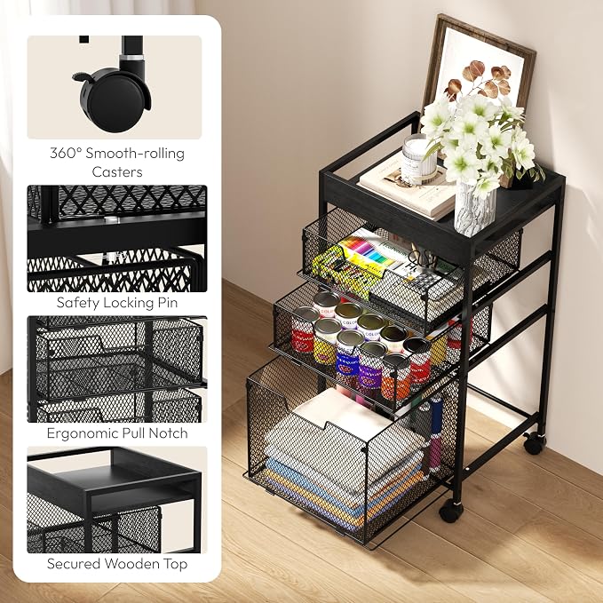 SWTYMIKI Rolling File Cart with Drawers - 4 Tier Under Desk Storage Craft Rolling Organizer Cart - Office Storage &Organization, Mobile Metal Filing Cabinet for Office and Home Black