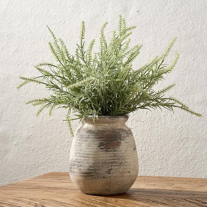 SIDUCAL Ceramic Rustic Vase, Whitewashed Terra Cotta Vase, Distressed Farmhouse Décor, Pottery Decorative Flower for Home Decor, Table, Living Room Decor, Shelf, Mantel, 7.3 Inch, Fired Terra Clay