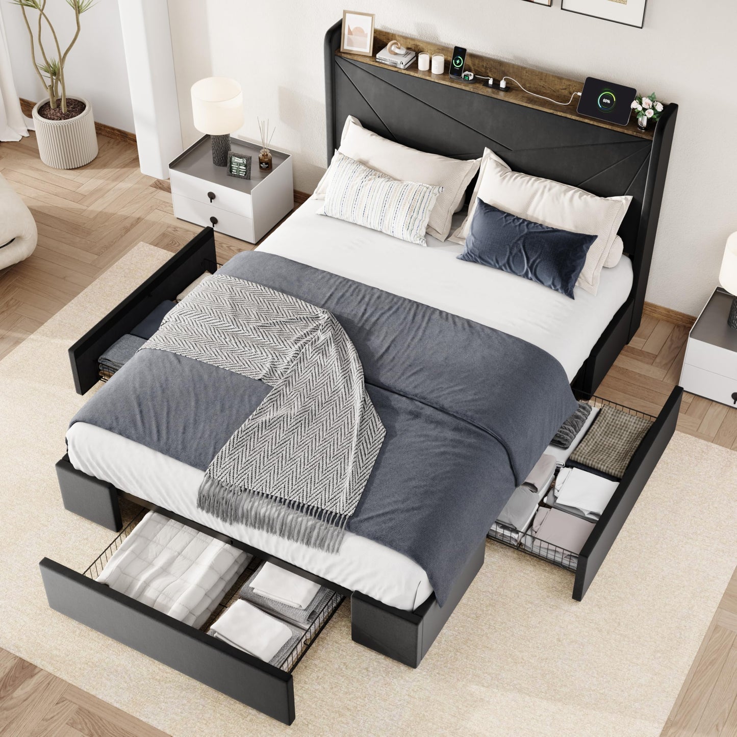 Allewie Queen Size Velvet Bed Frame with 3 Storage Drawers, Upholstered Platform Bed with Wingback Storage Headboard and USB Ports, No Box Spring Needed, Easy Assembly, Black