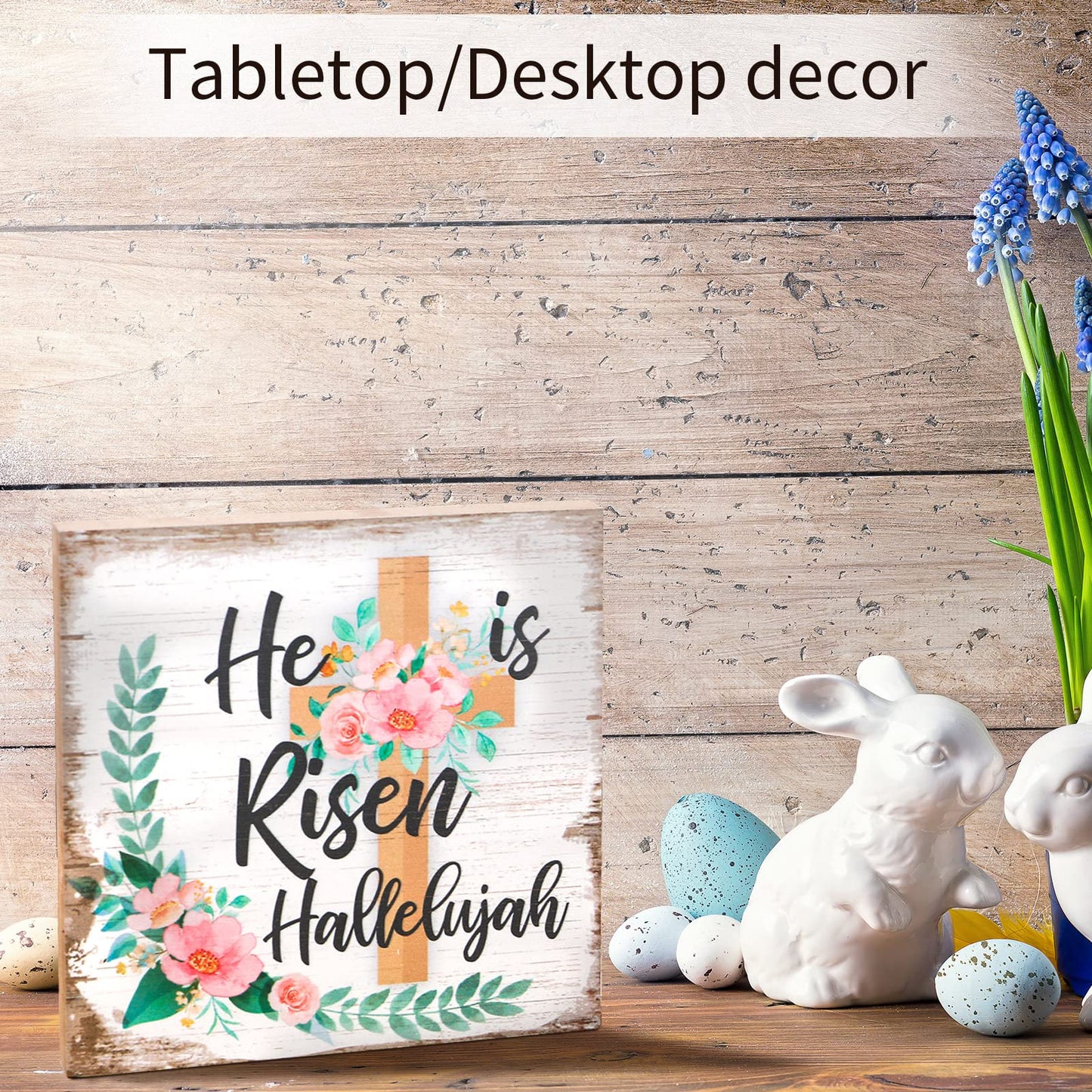 2 Pieces Farmhouse Easter Table Decoration Signs Wood Religious He Is Risen Centerpieces Flower Hallelujah Rustic Christian Jesus Block Signs Easter Decorations for Home Mantel Shelf Office Desk Decor