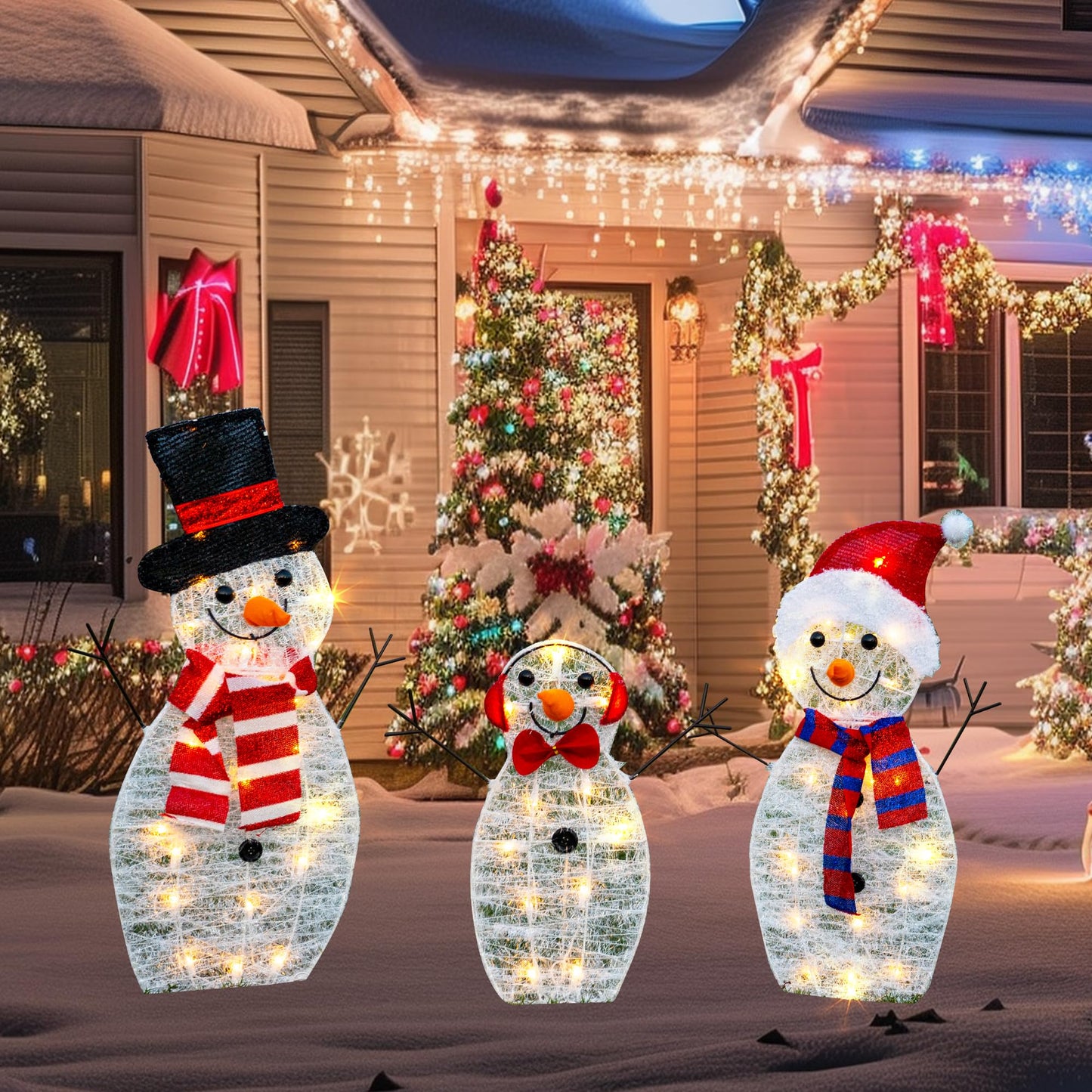 TW SHINE Lighted Christmas Snowman Outdoor Decoration, 3-Piece Pre-Lit 2D Snowman Family Set with 55 Warm White Lights, Christmas Yard Decorations for Patio Lawn Garden Decor, 29.9X12.2Inch-Large