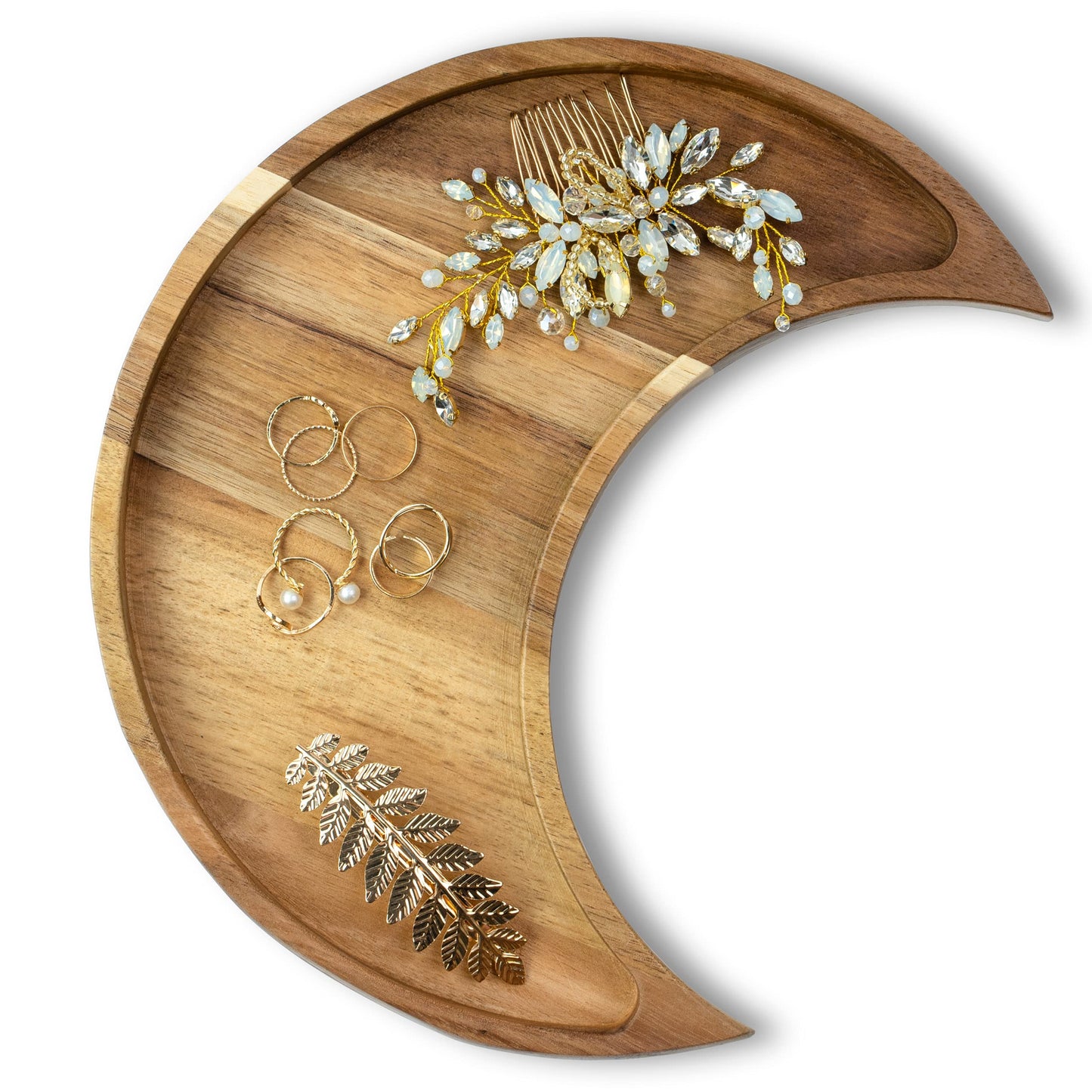 Acacia Wood Moon Crystal Display Tray - Natural Wooden Altar Tray 10.5" x 5" for Crystals and Stones Storage - Solid Wood Jewelry Organizer Dish - Boho Bedroom Decor