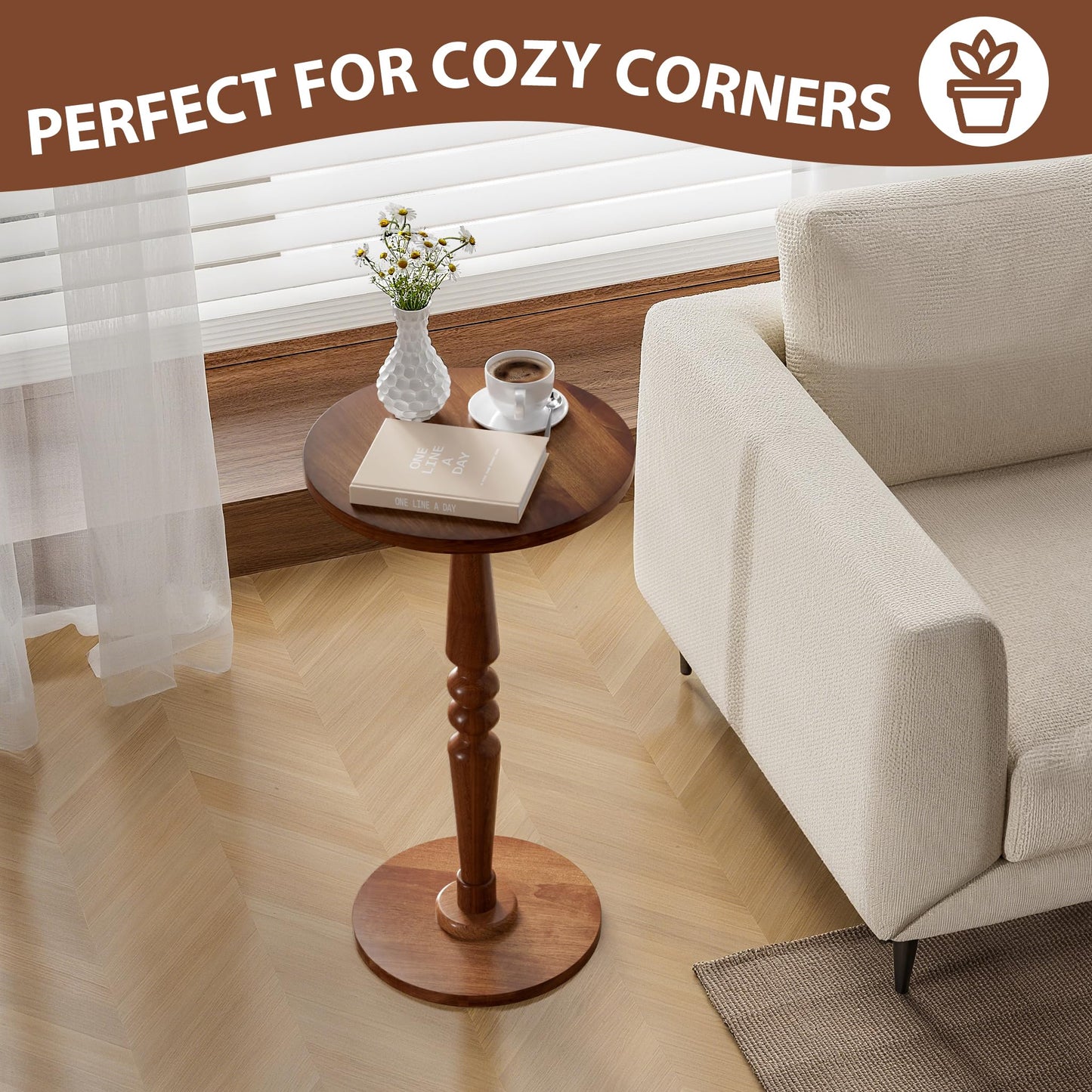 promitop Small Wooden Round Side Table - Accent Nightstand Pedestal Table for Living Room, Bedroom - Compact Coffee Table, Tea Table, Drink Table, End Table for Small Spaces, Corners, Office