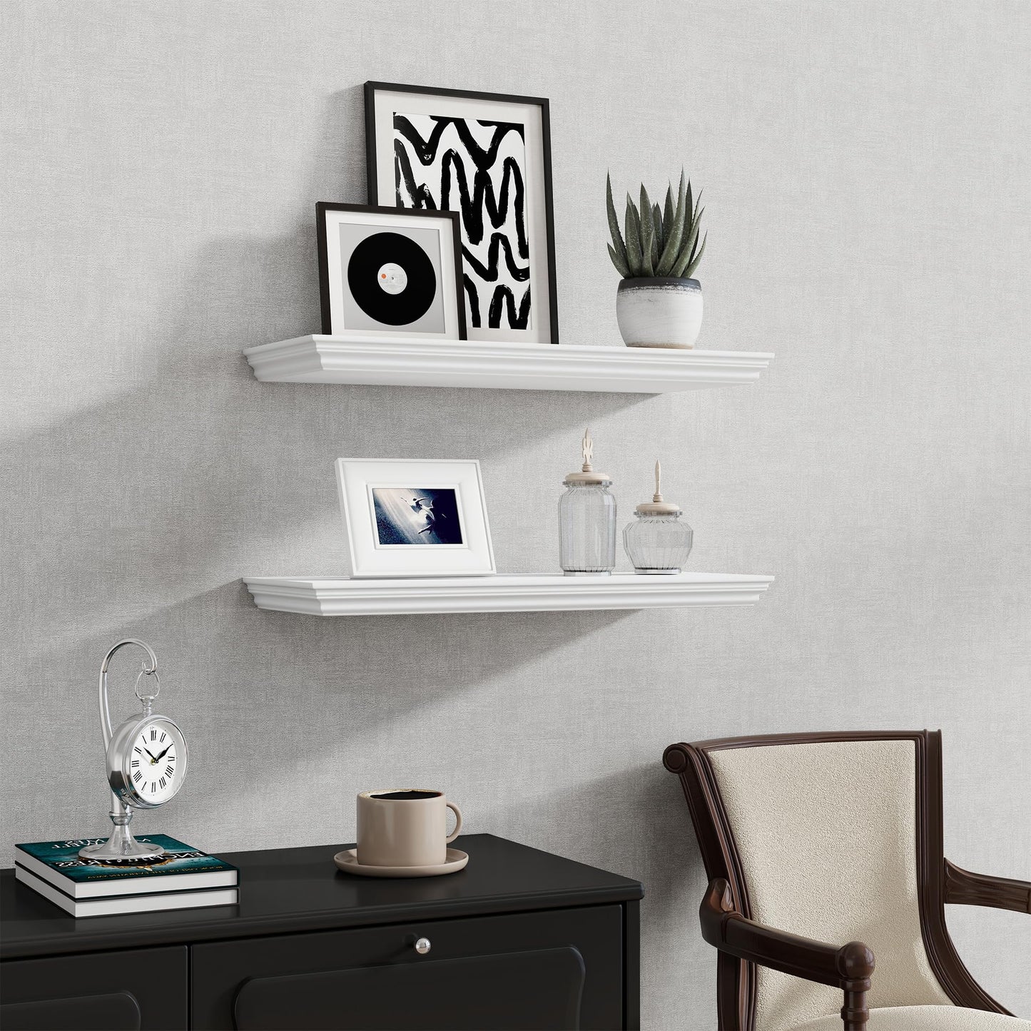 Fun Memories Floating Shelves 24 Inch Long, 9.3 Inch Deep Classic Crown Molding Floating Shelves for Wall, Rustic Wooden Shelves for Wall Decor Bathroom, Kitchen, Office, (White, 2Pack)