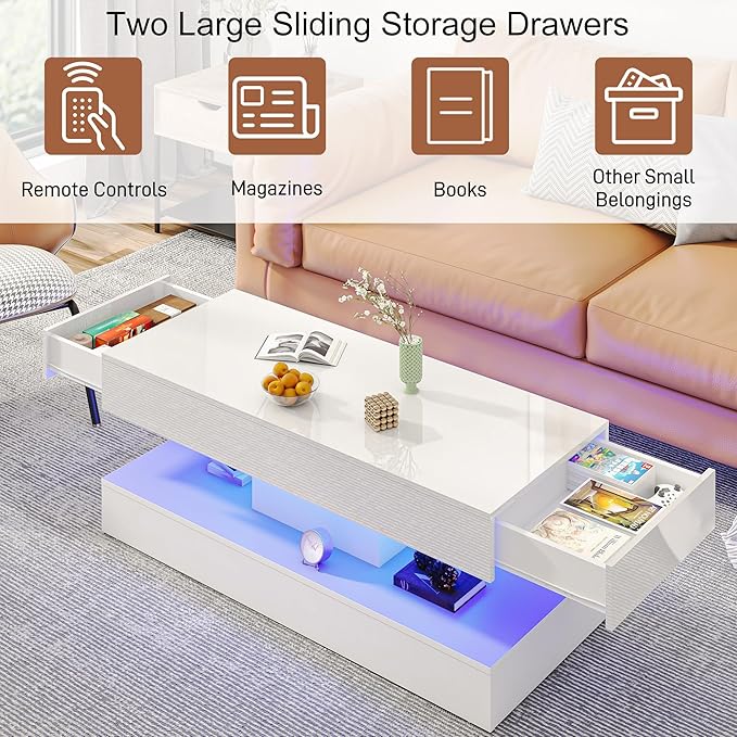 Uspeedy 47.3in Large High Glossy LED Coffee Table with 2 Storage Drawers,Black/White Modern Coffee Tables for Living Room,Living Room Tables,APP LED Lights (White)