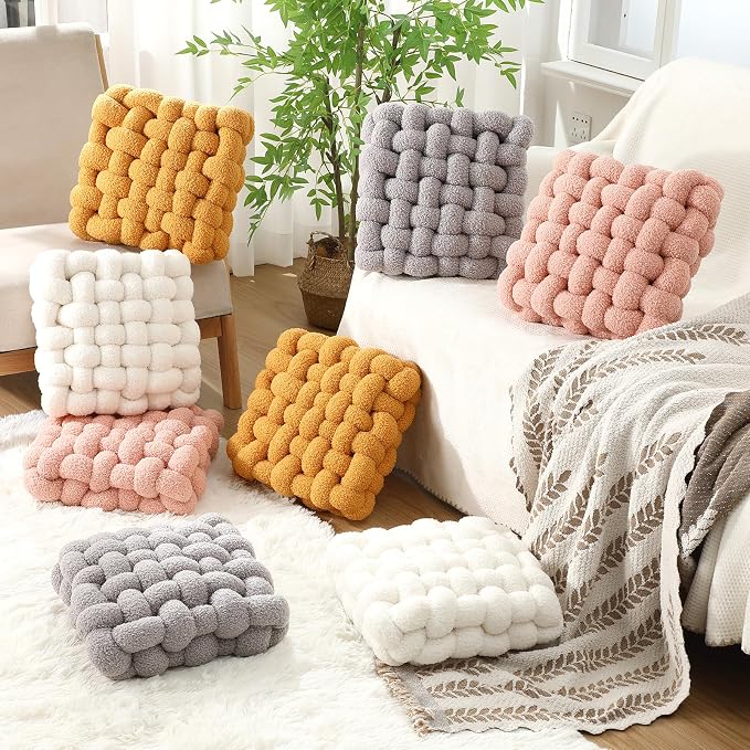 Wenqik 2 Pcs Knot Pillows Square Knotted Plush Throws Soft Accent Pillows Decoration Cushion for Couch Home Office Living Room Bedroom Bed Sofa Decor, 12'' x 13''(Light Gray,Lambswool)