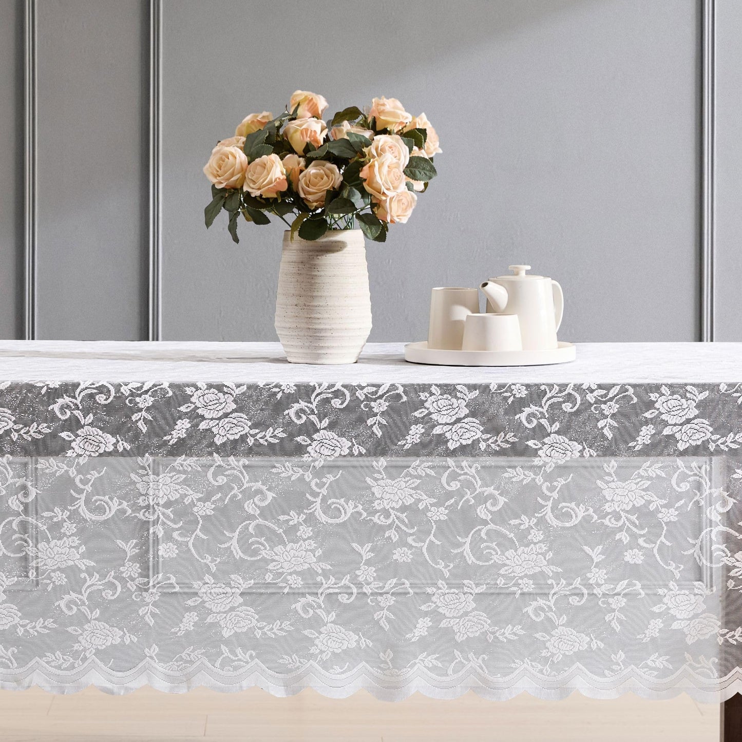 HLC.ME Harper Floral Lace Fabric Tablecloth, Lace Fabric Table Cloth for Rectangle Tables, Wrinkle Resistant Tablecloth, Patterned Scalloped Tablecloth (60 W x 84 L, White)