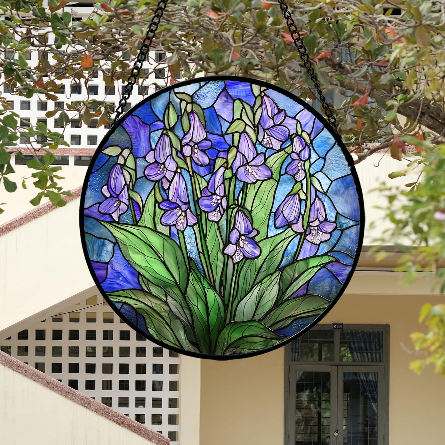 AMDERVEN Stained Glass Suncatcher, Blue Purple Flowers Green Leaves Sun Catcher Plants Stain Glass Window Hanging Decoration Mother's Day Birthday Gifts for Women Men Mom and Nana 7.8 in
