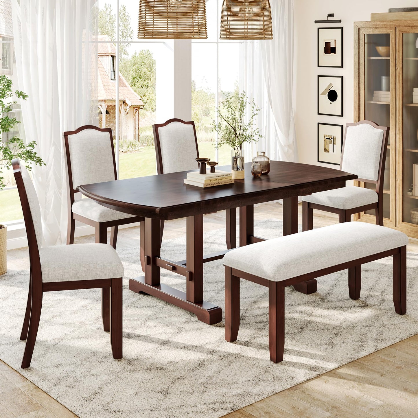 Merax 6-Piece Extendable Wood Dining Table Set, 60 inch to 78 inch with Removable Leaf, Kitchen Set for 6 with 4 Upholstered Side Chair and Bench, Cherry