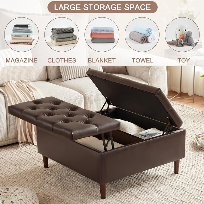 Weture 35 Inch Extra Large Storage Ottoman Coffee Table, No Assembly Required, Oversized Square Ottoman with Storage, Tufted Upholstered Ottomans Coffee Table for Living Room (Leather, Brown)