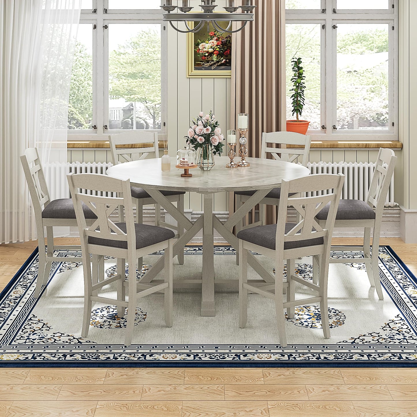 VECELO 7-Piece Solid Wood Foldable Dining Table Set for 6, Farmhouse Round Dining Table with 6 Upholstered Dining Chairs for Dining Room, Kitchen, Washed Gray