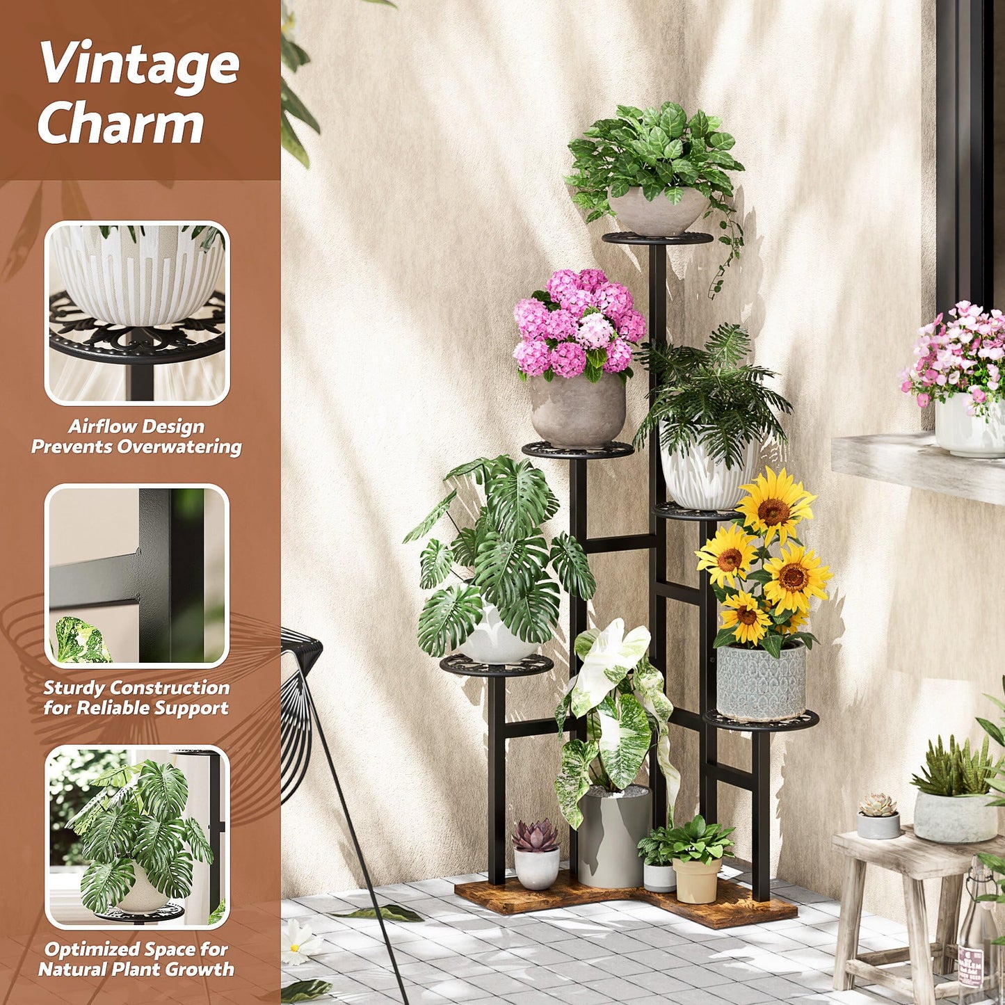 NQW 6 Tier Plant Stand Indoor Outdoor Metal Flower Pot Holder Shelf Tiered Planter Display Rack for Living Room Balcony Garden Patio