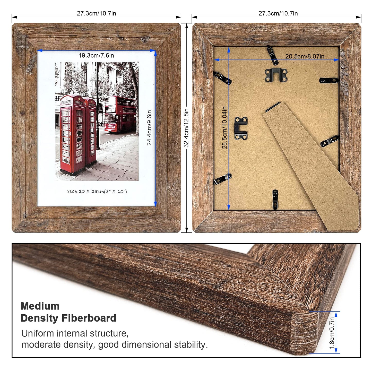8x10 Picture Frames Set, Set of 4 Wooden Picture Frames Real Tempered Glass and Composite Wooden Rustic Rounded Corners Photo Display for Tabletop Wall Mount (Brown)