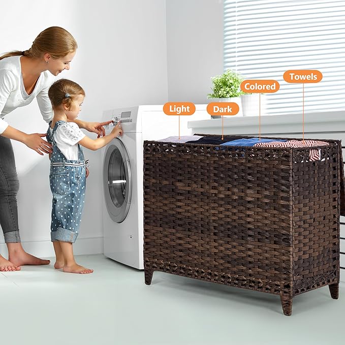 Laundry Hamper with 4 Removable Liner Bags; 176L Handwoven Rattan Laundry Basket with Lid & Heightened Feet; Clothes Hamper with Side Handles