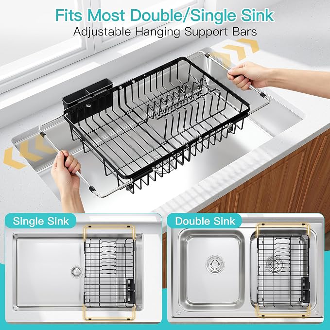JASIWAY Black Expandable Stainless Steel Over The Sink Dish Drying Rack for Small Kitchen Counter Space Saving, Compact Plate Drainer Strainer, Adjustable Hanging Metal Dish Dryer with Utensil Holder