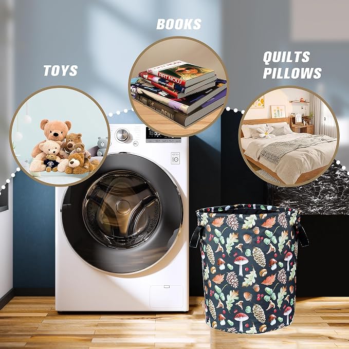 Vintage Mushrooms Laundry Basket Forest Plants Foldable Oxford Cloth Funny Tote Bag Laundry Hamper Clothes Storage Bucket Organizer For Bathroom/Laundry Storage/Bedroom 18.9x16.5 Inch