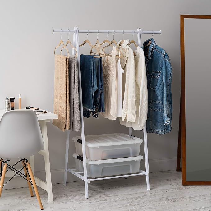 IRIS USA Clothes Rack for Hanging Clothes with Shelf, Freestanding Clothing Rack, Easy to Assemble Garment Rack, Metal, Sturdy Design, Multipurpose, Small Space Storage Solution, White