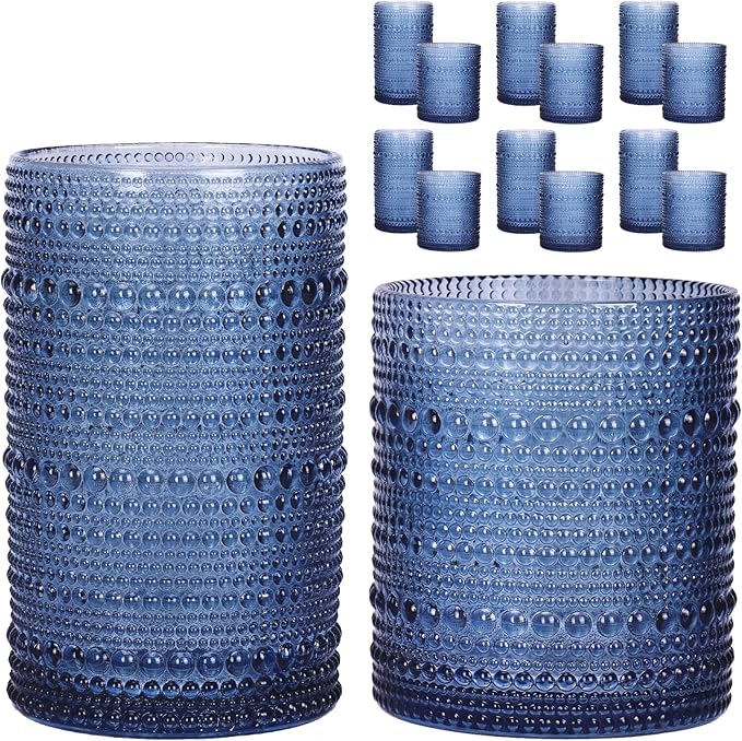 Moretoes Hobnail Drinking Glasses, 12 Piece Blue Water Glass Cups, Mixed Vintage Glassware Set, 6pcs 12oz Highballs and 6pcs 10oz Old Fashioned Glasses, Great for Cocktail, Whisky and Other Beverages