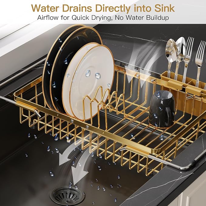 JASIWAY Gold Expandable Stainless Steel Dish Drying Rack Over The Sink for Small Kitchen, Counter Space Saving Compact Plate Drainer Strainer, Adjustable Hanging Metal Dish Dryer with Utensil Holder
