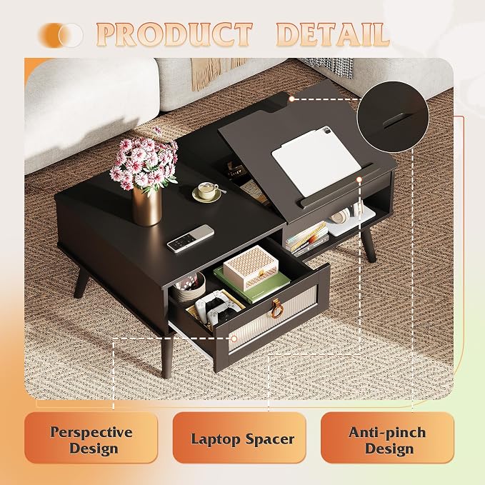WLIVE Coffee Table, Lift Top Coffee Table with Storage Shelf, Drawer, Height Adjustable and Tilting Tabletop for Living Room, Mid Century Modern, Wood, Black
