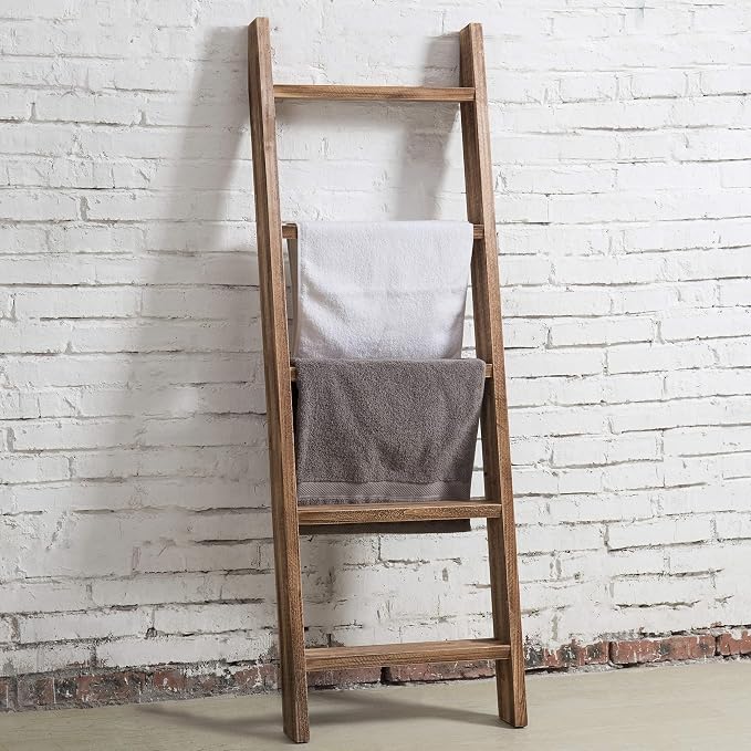 MyGift 4ft Tall Rustic Burnt Natural Wood Wall Leaning Blanket Ladder Shelf with 5 Rungs, Decorative Living Room Throw and Quilt Holder, Farmhouse Bedroom Decor
