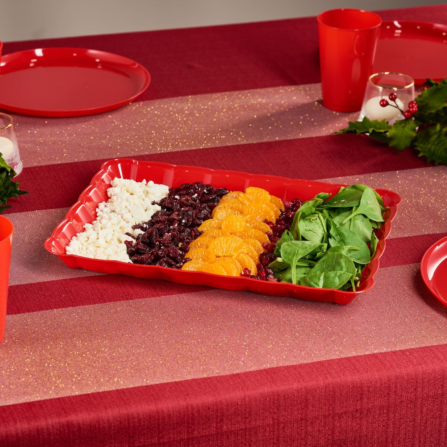 Plasticpro Plastic Serving Trays - Serving Platters Rectangle 9X13 Disposable Party Dish Includes 4 Red Christmas Trays