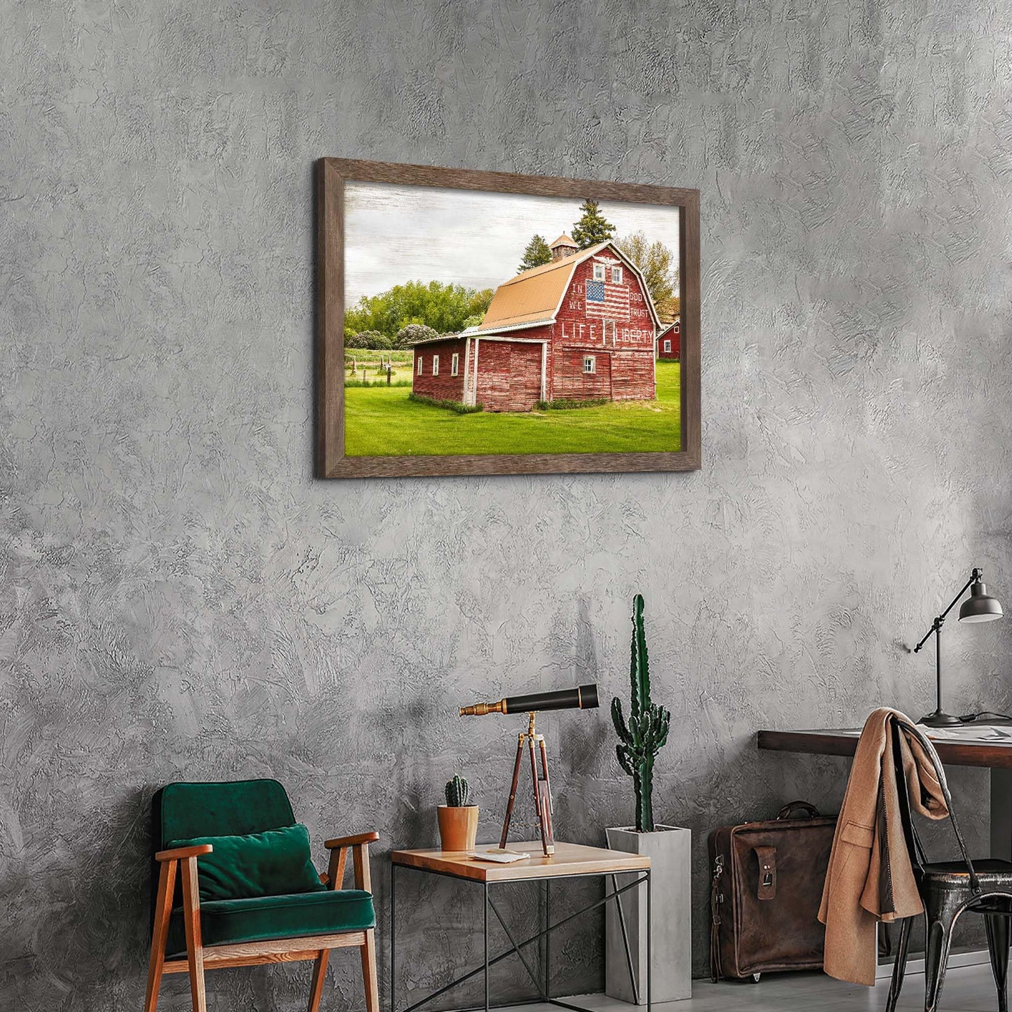 Rural Cabin Framed Wall Art - Rustic Red Farmhouse with American Flag Classic Barn Painting Country Landscape Picture Patriotic Artwork for Home Office