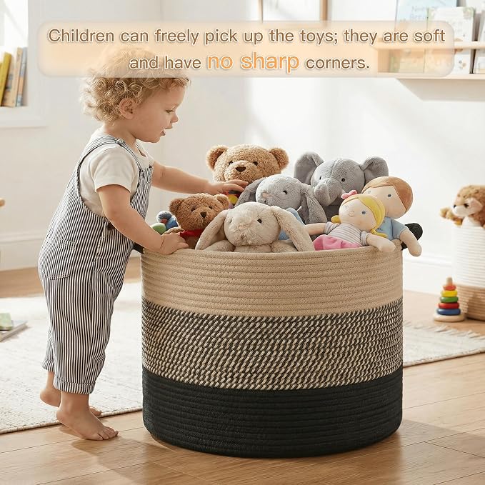 Artfeel 100L Large Cotton Rope Basket, Decorative Woven Blanket Storage for Living Room, Boho Toy Storage & Toy Box for Kids, Versatile Laundry Basket & Nursery Hamper for Blankets(BlackBrown)