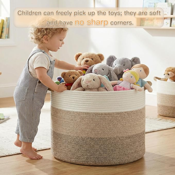 Artfeel 100L Large Cotton Rope Basket, Decorative Woven Blanket Storage for Living Room, Boho Toy Storage & Toy Box for Kids, Versatile Laundry Basket & Nursery Hamper for Blankets(BrownYellow)
