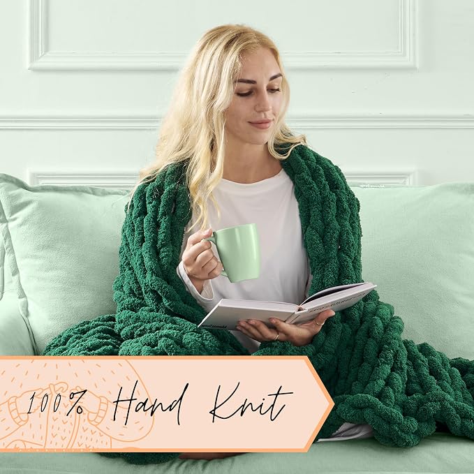 Adyrescia Chunky Knit Blanket Throw | 100% Hand Knit with Jumbo Chenille Yarn (50"x60", Forest Green)