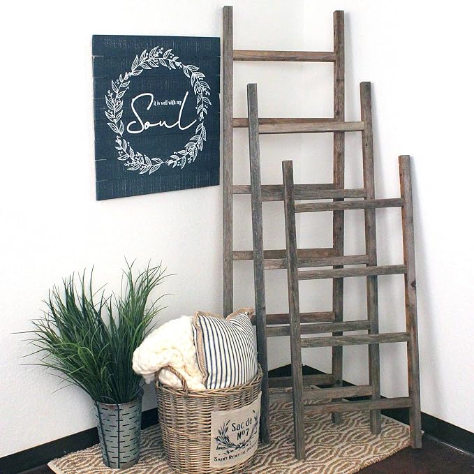 BARNWOODUSA Rustic Farmhouse Decorative Ladder - Our 47 inch Ladder can be Mounted Horizontally or Vertically and is Crafted from Upcycled Wood No Assembly Required Weathered Gray