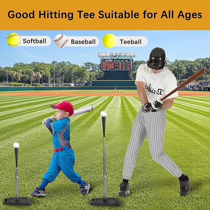 Baseball Tees for Hitting Adjustable Height Batting Tee 24" to 45" Easy Assemble Softball Tee with Rubber Top Heavy Duty Metal Base Hitting Tee for Kids/Youths/Adults