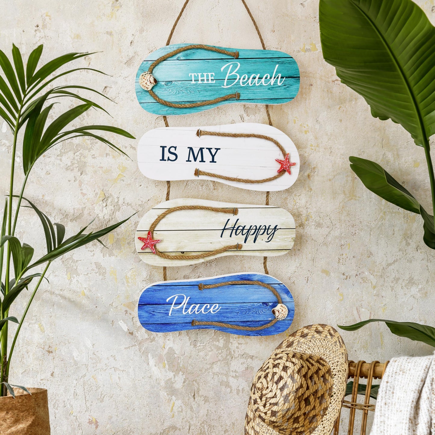 Wooden Flip Flop Beach Decor Sign Nautical Coastal Wood Wall Decor with Rope Hanger Summer Indoor and Outdoor Wall Accent for Bathroom, Bedroom & Living Room