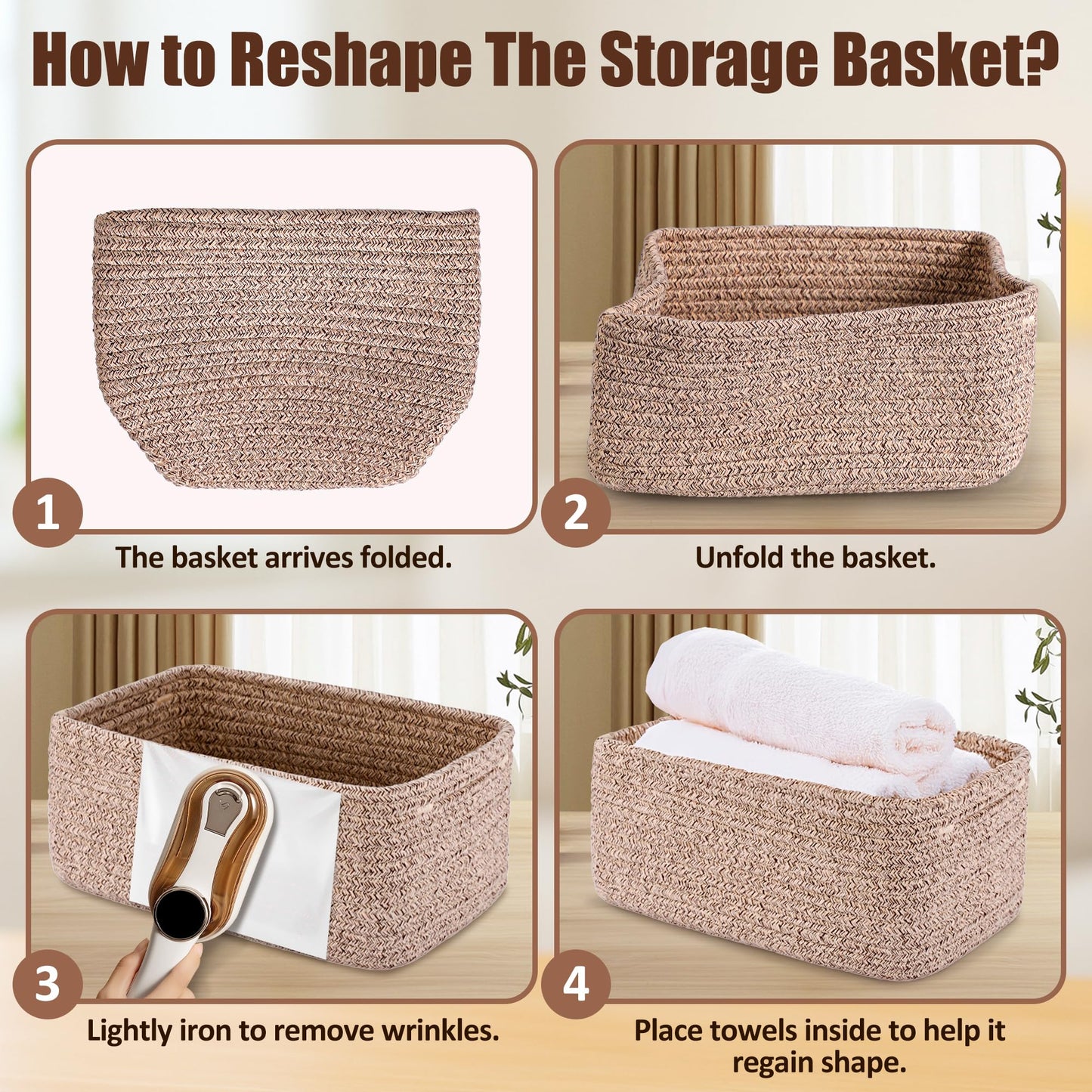 VIRETH HAUS 5-Pack Small Woven Rope Storage Baskets – 2 Sizes Organizer Bins for Closet, Shelf, Bookshelf, Nursery, Changing Table, Fabric Cube Boxes, Rectangular Shallow Bins for Bathroom, Toy & Home