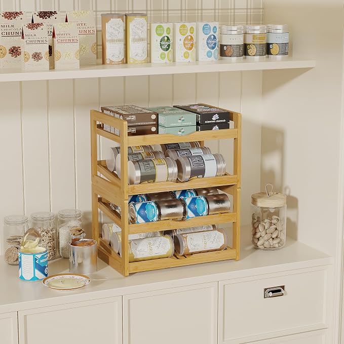 BAMBANG Can Organizer for Pantry, 4 Tier Stackable Bamboo Canned Food Storage Rack, Rolling Soda Can Dispenser Holds Up to 48 Cans, Detachable Can Organizer for Cabinet, Natural