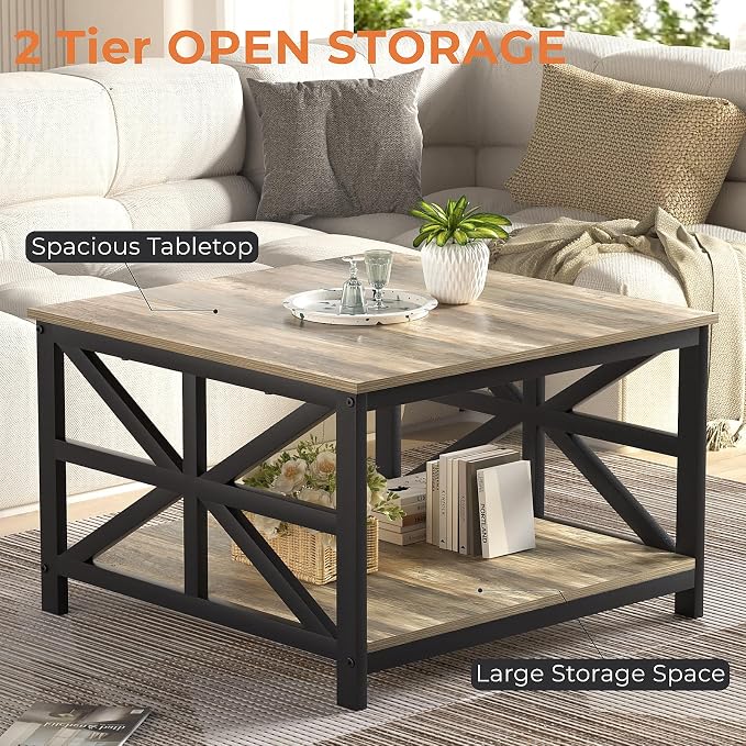 GreenForest Modern Living Room Coffee Table with 2 Tier Storage, Small Square Wood and Metal Farmhouse Center Table with Seamless One-Piece Tabletop, 27.55 Inch, Grey Wash